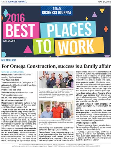 Omega Voted Finalist In Triad’s Best Places to Work