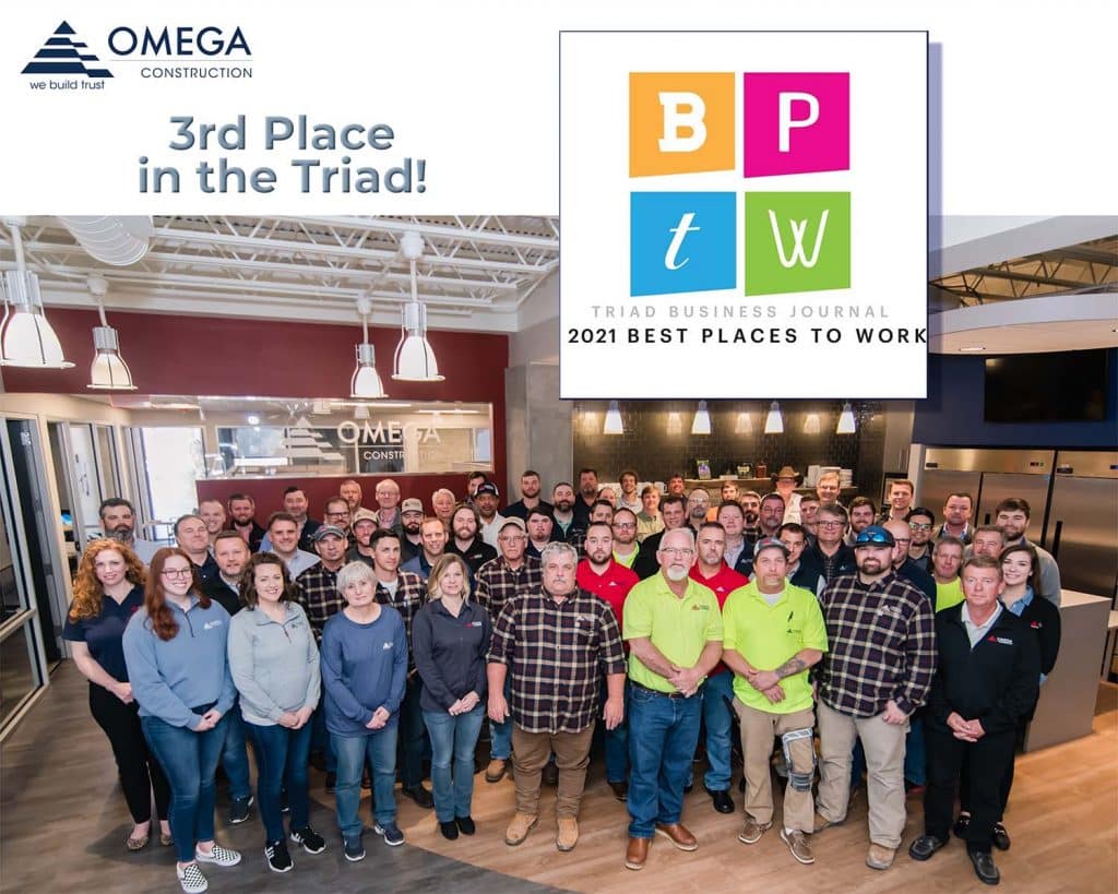 Omega Construction Inc. Named 3rd BEST PLACE to WORK in Triad by